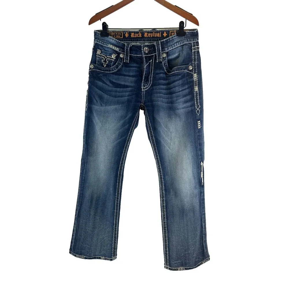 Rock Revival Destin Boot Cut Jeans Embellished Denim Embroidered Cowboy Mens 32